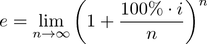 \displaystyle{e = \lim_{n\to\infty} \left( 1 + \frac{100\%\cdot i}{n} \right)^n}